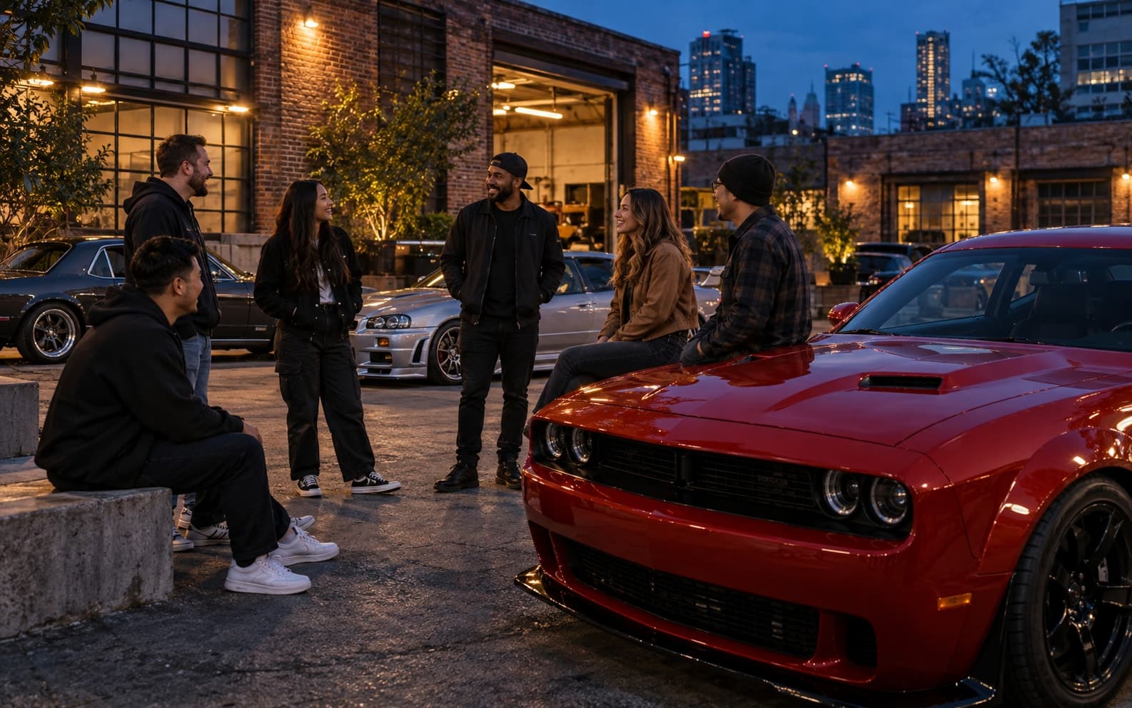 Car enthusiasts sharing a conversation beside red, silver and charcoal cars in an urban courtyard at dusk