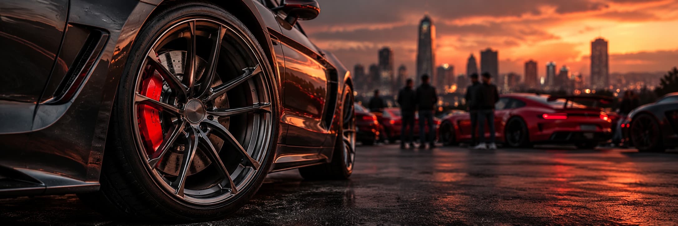 A forged alloy wheel and red brake caliper on a graphite car, with red cars in the background