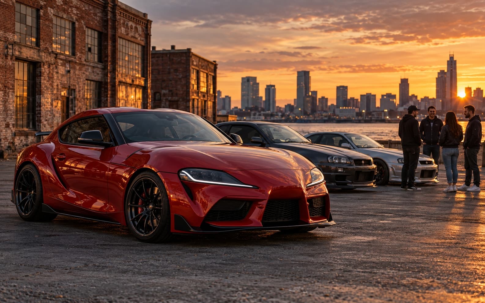 Car enthusiasts talking beside red and charcoal cars at a sunset meet