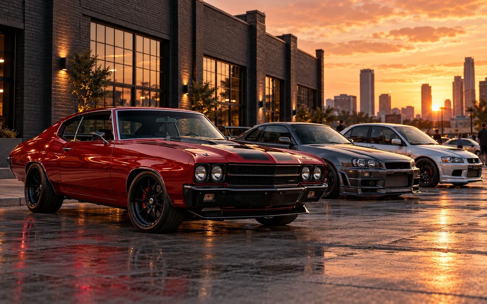 Rows of classic and muscle cars parked at an outdoor car show
