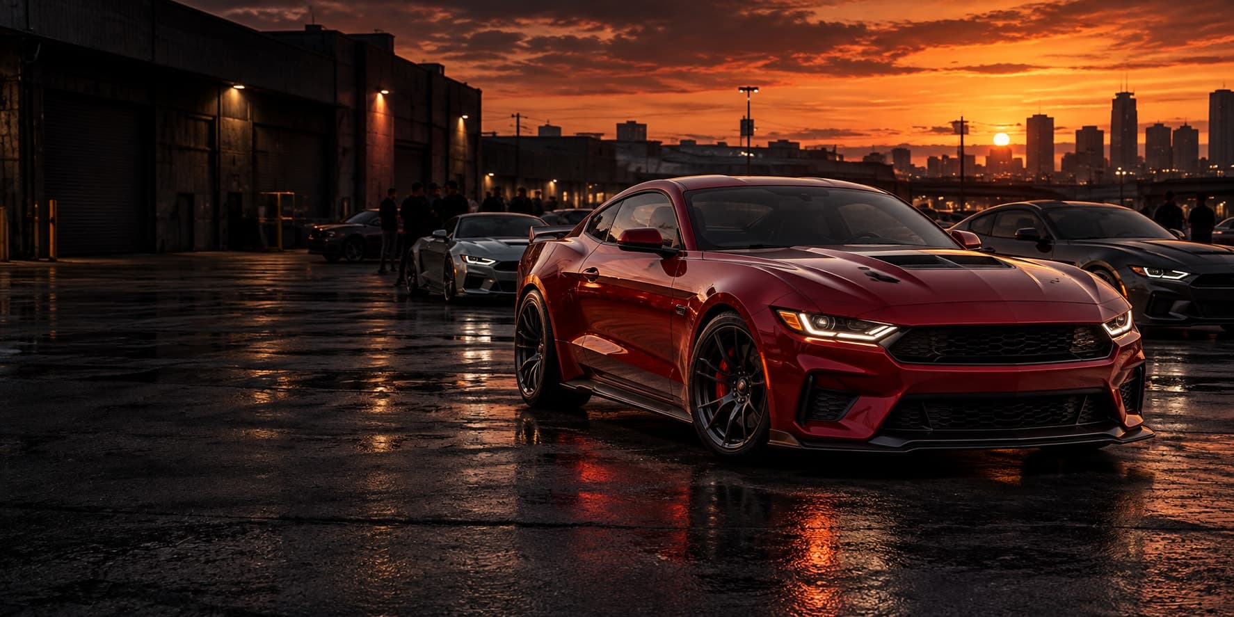 A racing-red muscle coupe and silver tuner at an urban car meet at dusk
